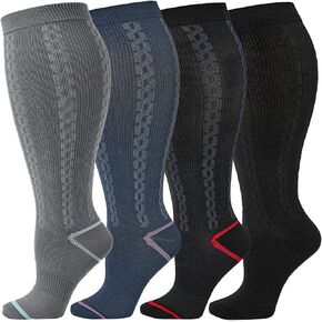 Kickticks Plus Size Compression Socks-Wide Calf Knee High Socks for Men & Women, 20-30mmHg, Available in 2XL to 4XL, 4 Pairs