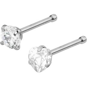 Forbidden Body Jewelry Set of 2 Straight Nose Studs: 20g Surgical Steel Round & Heart Shaped Clear CZ Crystal Nose Rings