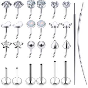 18/20g Nose Rings Studs Flat Back Earrings Surgical Steel 6/7/8mm Threadless Cartilage Helix Tragus Labret Medusa Piercing Jewelry for Women Men Aretes Para La Nariz