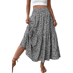 Women's Boho Maxi Skirt with Pockets Smocked High Waist Pleated Floral Long Skirts