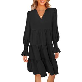 MEROKEETY Women's 2024 Long Sleeve Midi Dress V Neck Flowy Swing Ruffle Tiered Fall Casual Dresses