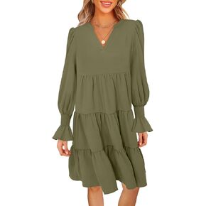 MEROKEETY Women's 2024 Long Sleeve Midi Dress V Neck Flowy Swing Ruffle Tiered Fall Casual Dresses