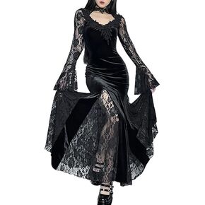 LANSHULAN Gothic Slim Lace Contract Fishtail Long Goth Dress Clothes