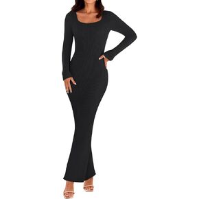 MEROKEETY Women's 2024 Fall Long Sleeve Sweater Dress Square Neck Ribbed Knit Bodycon Long Maxi Dresses