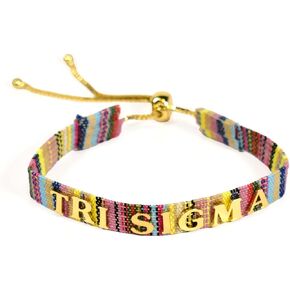 Sorority Shop Sigma Sigma Sigma Bracelet — Multi-Color Woven Bracelet with Gold-plated Sorority Nickname and Adjustable Clasp, Tri Sigma Bracelet