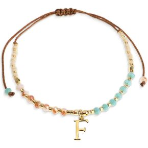 Beige Turquoise Gold Beaded Natural Stone Initial Bracelets for Women Teen, Boho Handmade Personalized Gemstone Beads Letter Name Braided Rope Adjustable Bracelet Bohemian Jewelry Gift