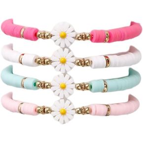tenghong2021 Daisy Flower Polymer Clay Bracelet Set for Women Colorful Polymer Clay Beaded Hand Woven Stackable Stretch Bracelets for Women Gifts Summer Beach Y2K Jewelry