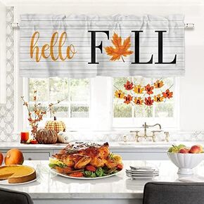 Window Valance Rod Pocket Short Curtain Panels Hello Fall Orange Maple Leaf on Wood Grain Kitchen Valances Curtains, Farmhouse Retro Window Treatments Drapes for Living Room Bedroom Decor, 54x18In