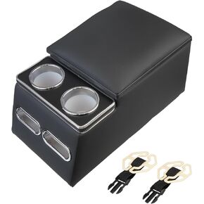 Center Console Organizer Armrest Storage Box with Cup and Phone Holder for Car & Van & Truck Floor Cab Back Bench Seat Black