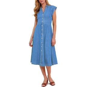 Ladyful Women's Denim Shirt Dress Collar V Neck Cap Sleeve Jean Dress Button Down A-Line Midi Dress