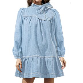 Women's Puff Long Sleeve Denim Dress Ruffle Mock Neck Tiered Mini Babydoll Dress Casual Flowy Swing Jean Dresses