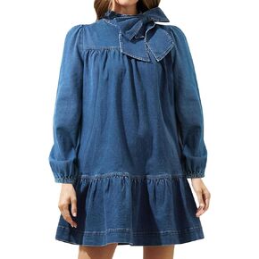Women's Puff Long Sleeve Denim Dress Ruffle Mock Neck Tiered Mini Babydoll Dress Casual Flowy Swing Jean Dresses in Kuwait