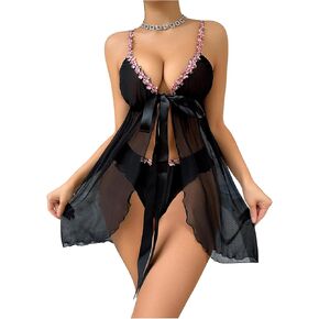 Verdusa Women's 2 Piece Sheer Mesh Babydoll Lingerie Set with High Waist Panty