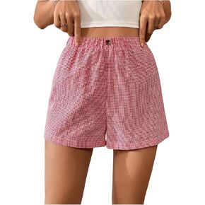 Verdusa Women's Plaid Print Elastic Waist Casual Shorts High Waist Straight Leg Shorts