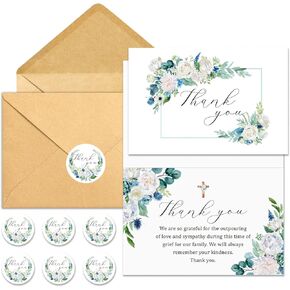 25 Pack Funeral Thank You Cards with Envelopes Matching Stickers Messages Inside 4×6 in, Watercolor Rose Cross Bereavement Sympathy Thank You Cards for Funeral Family Friends Loved Ones