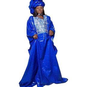 Royal Blue Bazin Riche Dashiki Robe Femme African Ankara Traditional Wedding Prom Long Dresses With Scarf Guipure Clothing Boubou