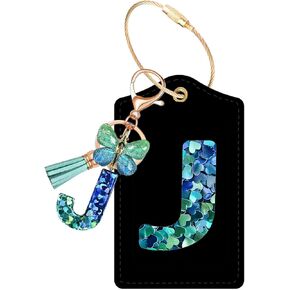 Initial Luggage Tag for Suitcase, Crystal Letter with Tassel Butterfly Keychains Leather Bag Tags, Identifiers Privacy Cover ID Label with Durable Steel Loop for Women Men Kids Travel, Green Letter A