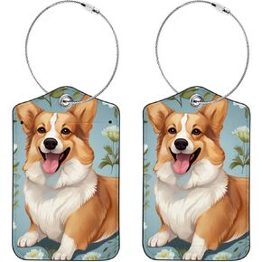 2 Pcs Luggage Tag for Suitcases, PU Leather Baggage Handbag Travel Cruise Essentials Tags with Privacy Flap Name ID Label and Stainless Steel Loop for Women Men, Happy Sky Corgis