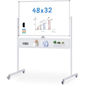 Rolling Whiteboard 48 x 32, Maxtek Large Mobile White Board on Wheels, Double-Sided Easel with Pegboard, Height Adjustable Dry Erase Board with 2 Hooks and 2 Trays for Home, Office & Classroom