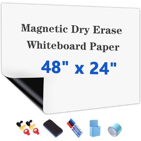 Magnetic White Board Paper, 48"x 24" Dry Erase Board for Wall, Self Adhesive Whiteboard Paper Set for Office, Conference Room, Classroom, Home, Include Marker, Magnetic Eraser and Magnets