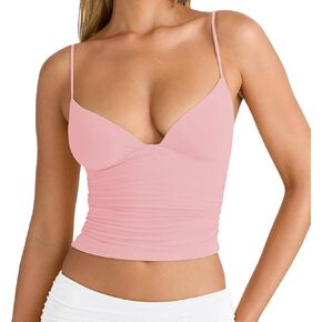 LCNBA Women's Sexy Deep V-Neck Ruched Sleeveless Crop Tank Top Spaghetti Straps Slim Fitted Summer Tops