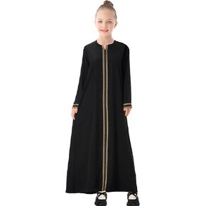 WSPLYSPJY Kids Girls Gold Embroidered Muslim Dress Abaya Long Sleeve Eid Robe Prayer Clothes for Girls