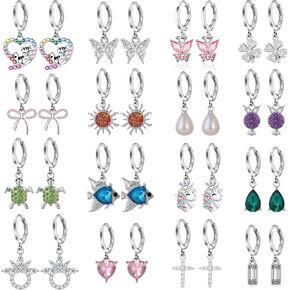 16 Pairs Hypoallergenic Silver Small Hoop Dangle Earrings Set for Girls Women Cute Heart Cat Butterfly Pearl Bow Huggie Hoop Dangle Earrings for Little Girls Kids Jewelry Gift