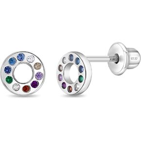 925 Sterling Silver Round Multicolored Cubic Zirconia Stone Safety Screw Back Earrings For Little Girls - Children's Colorful CZ Stone Earrings With Safety Closures