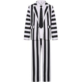 ZIW Adult Halloween Costume, Black and White Striped Suit with Shirt Tie Men, 80s Scary Movie Character Beetla Cosplay Outfit