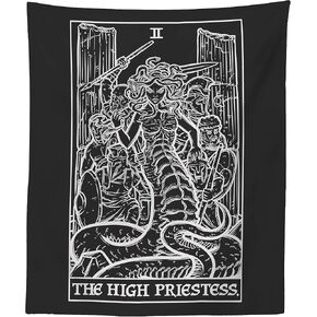 The High Priestess Tarot Card Tapestry (Black & White) - Medusa - Greek Mythology Home Decor Wall Hanging (60" x 50")