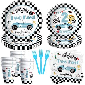 Race Car Two Fast Birthday Plates And Napkins Party Tableware - Racing Car 2nd Birthday Party Supplies, Paper Plate, Cup, Napkin, Fork, Blue 2 Fast 2 Curious Birthday Decorations | Serve 24