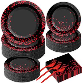 50 Guests Red and Black Birthday Party Supplies Set Red Dot on Black Disposable Plates Napkins Red and Black Tableware Set Party Papaer Dinnerware for Birthday Graduation Wedding Decorations 200Pcs