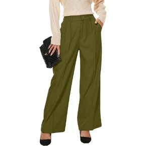 Women Office Wide High Waist Pants Loose Fit Elastic Waist Pleated Front Trousers for Work Casual