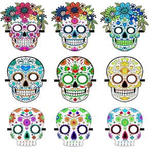 Day of the Dead Felt Masks for Adults, 9 Pack Dia de Los Muertos Skull Masks Floral Sugar Skull Masks, Adjustable Halloween Masks Dia De Los Muertos Decorations for Halloween Cosplay
