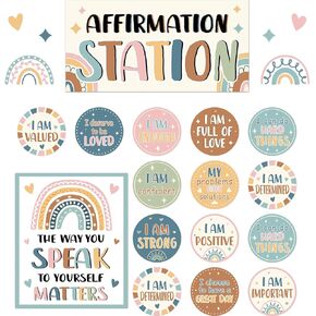 32 PCS Boho Affirmation Station Bulletin Board Set Positive Posters for Classroom Growth Mindset Decorations Inspirational Motivational Accent Cutouts for Home School Teacher Wall Supplies
