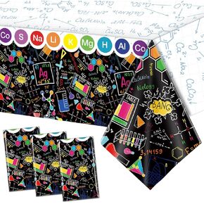 Plastic Science Tablecloth Science Party Decorations Rectangular Table Cover Dark Color Science Themed Table Cloth for Birthday Science Lab Party Decor, 51 x 87 Inch (3 Pcs)