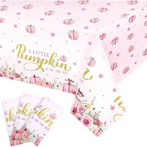 3 Pcs Pink Pumpkin Tablecloths Little Pumpkin Baby Shower Party Tablecloth Thanksgiving Pumpkin Plastic Tablecloth Fall Disposable Table Cover for Birthday Party Supplies Table Decorations