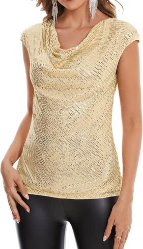 Sequin Tops for Women Cowl Neck Cap Sleeve Sparkly Top Glitter Evening Cocktail Blouse Club Party Shirt in Saudi Arabia