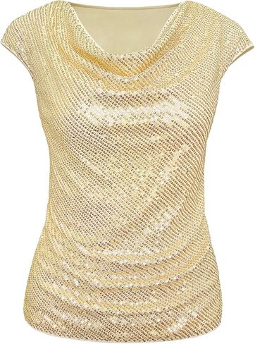 Sequin Tops for Women Cowl Neck Cap Sleeve Sparkly Top Glitter Evening Cocktail Blouse Club Party Shirt in Saudi Arabia