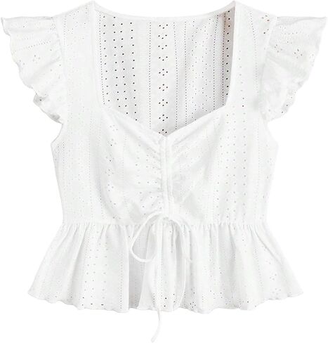 SOLY HUX Women's Ruched Sweetheart Neck Cap Sleeve Ruffle Trim Peplum Crop Blouse Tops in Saudi Arabia