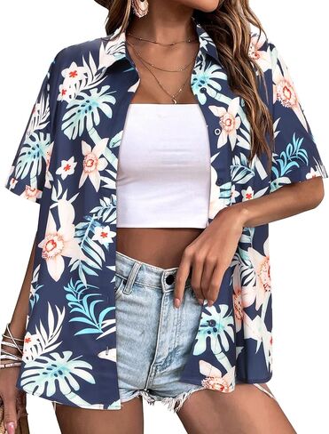 Zeagoo المرأة هاواي زر أسفل القمصان قصيرة الأكمام عارضة الأزهار الاستوائية قميص الصيف الشاطئ بارد زر حتى البلوزات قمم in Kuwait