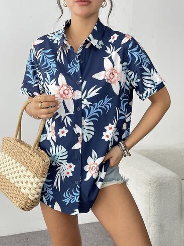 Zeagoo المرأة هاواي زر أسفل القمصان قصيرة الأكمام عارضة الأزهار الاستوائية قميص الصيف الشاطئ بارد زر حتى البلوزات قمم in Kuwait
