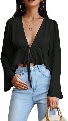 Verdusa Women's Bell Sleeve Tie Front Ruffle Hem Peplum Blouse Shirt Crop Top in Saudi Arabia