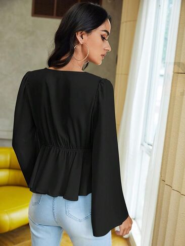 Verdusa Women's Bell Sleeve Tie Front Ruffle Hem Peplum Blouse Shirt Crop Top in Saudi Arabia