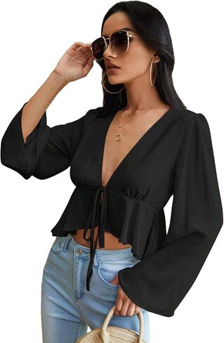 Verdusa Women's Bell Sleeve Tie Front Ruffle Hem Peplum Blouse Shirt Crop Top in Saudi Arabia