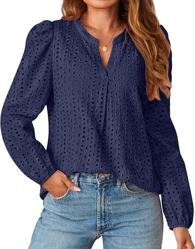 MEROKEETY المرأة فستان من الدانتيل بلوزة العيينة التطريز نفخة كم طويل الخامس الرقبة الخريف بوهو قميص حريمي in Kuwait