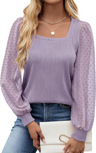 JUSTFASHIONNOW Fall Long Sleeve Shirts for Women Blouses Dressy Casual Square Neck Puff Sleeve Tops Textured Knit T Shirts in Saudi Arabia