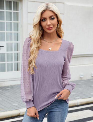 JUSTFASHIONNOW Fall Long Sleeve Shirts for Women Blouses Dressy Casual Square Neck Puff Sleeve Tops Textured Knit T Shirts in Saudi Arabia