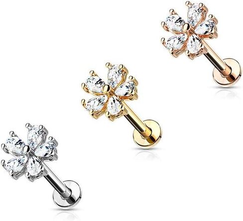 Pierced Owl - 16GA Pear CZ Crystal Flower Top Labret Monroe Cartilage Ear Stud in Saudi Arabia