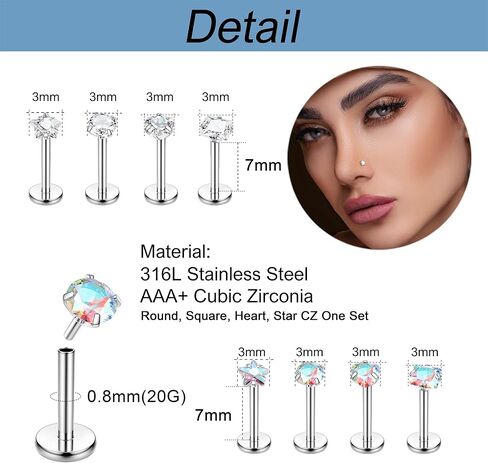 مسامير أنف بوشين بدون خيوط 18 جرام 20 جرام حلقات شفاه مسطحة من الفولاذ المقاوم للصدأ مسمار لابريت تراغوس هيليكس مونرو ميدوسا ثقب المجوهرات للنساء والرجال تشيكوسلوفاكيا الأنف ثقب المجوهرات 1.5 مم 2 مم 2.5 مم 3 مم، in Kuwait